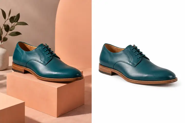 Illustrative Schuhfotokonzepte nebeneinander, keine verifizierte Bearbeitung desselben Ausgangsbildes.